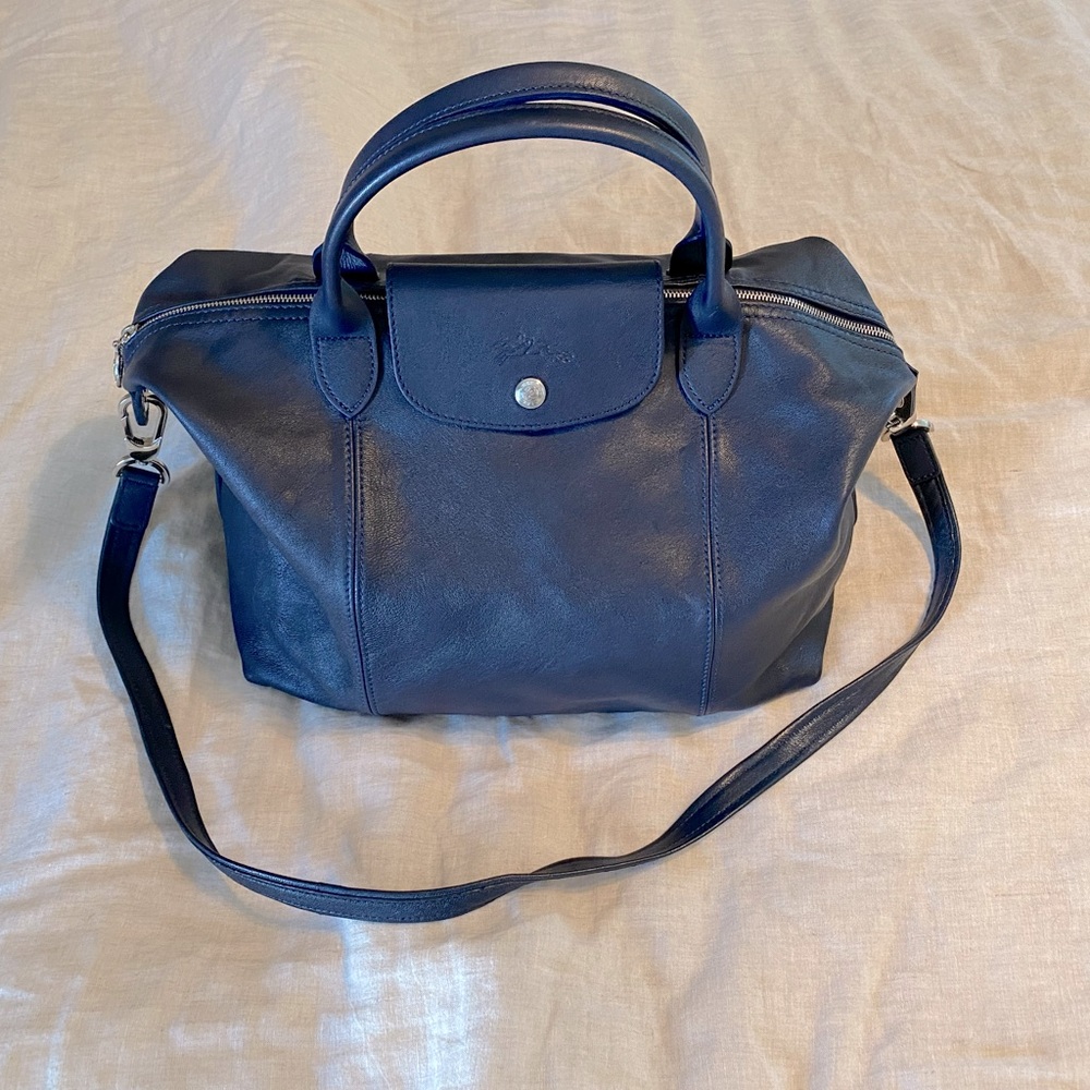 Longchamp Medium Le Pliage Cuir Leather Top Handle Tote